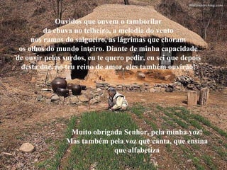 Ouvidos que ouvem o tamborilar da chuva no telheiro, a melodia do vento nos ramos do salgueiro, as lágrimas que choram os olhos do mundo inteiro. Diante de minha capacidade de ouvir pelos surdos, eu te quero pedir, eu sei que depois desta dor, no teu reino de amor, eles também ouvirão! Muito obrigada Senhor, pela minha voz! Mas também pela voz que canta, que ensina que alfabetiza 