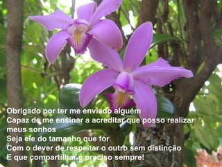 Obrigado por ter me enviado alguém Capaz de me ensinar a acreditar que posso realizar meus sonhos  Seja ele do tamanho que for Com o dever de respeitar o outro sem distinção  E que compartilhar é preciso sempre! 