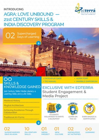 INTRODUCING
SKILLS &
KNOWLEDGE GAINED
21st Century Skills: Media Literacy, 4
Learning Skills and 5 Life Skills
Medieval History
Mughal Architecture
Achieving Excellence Through
Collaboration
Traditional Art-Forms
AGRA: LOVE UNBOUND —
21st CENTURY SKILLS &
INDIA DISCOVERY PROGRAM
EXCLUSIVE WITH EDTERRA
Student Engagement &
Media Project
Supercharged
Days of Learning
 FATEHPUR SIKRI  AGRA FORT
 TAJ MAHAL  MARBLE EMPORIUM
LEARN ON
THE GO
EARN BADGES &
CERTIFICATES
STUDENTS
VOLUNTEER TO WRITE
A BLOGPOST
 