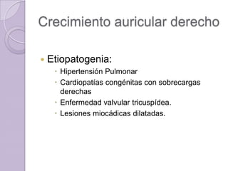 Crecimiento auricular derecho


Etiopatogenia:
 Hipertensión Pulmonar
 Cardiopatías congénitas con sobrecargas
derechas
 Enfermedad valvular tricuspídea.
 Lesiones miocádicas dilatadas.

 