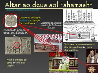 Altar ao deus sol “shamash” Desenho de parede do deus  sol, Século IX a.c. Diagrama de um altar católico da América e Europa Símbolo do deus sol Shamash Usado na adoração  satânica  no tempo de  babilónica.   Note o símbolo do deus  Sol  no altar pagão.  Note exactamente o mesmo símbolo do deus  Sol  num altar católico.  