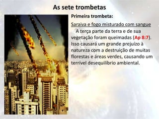 As sete trombetas
     Primeira trombeta:
     Saraiva e fogo misturado com sangue
        A terça parte da terra e de sua
     vegetação foram queimadas (Ap 8:7).
     Isso causará um grande prejuízo à
     natureza com a destruição de muitas
     florestas e áreas verdes, causando um
     terrível desequilíbrio ambiental.
 