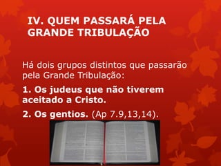 IV. QUEM PASSARÁ PELA
GRANDE TRIBULAÇÃO
Há dois grupos distintos que passarão
pela Grande Tribulação:
1. Os judeus que não tiverem
aceitado a Cristo.
2. Os gentios. (Ap 7.9,13,14).
 