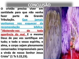 CONCLUSÃO
O cristão precisa viver em
santidade para que não venha
fazer parte da Grande
Tribulação. Que jamais
venhamos nos esquecer da
recomendação bíblica:
"Abstende-vos de toda
aparência do mal. E o mesmo
Deus de paz vos santifique em
tudo; e todo o vosso espírito, e
alma, e corpo sejam plenamente
conservados irrepreensíveis para
a vinda de nosso Senhor Jesus
Cristo" (1 Ts 5.22,23).
 