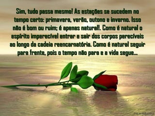 Sim, tudo passa mesmo! As estações se sucedem noSim, tudo passa mesmo! As estações se sucedem no
tempo certo: primavera, verão, outono e inverno. Issotempo certo: primavera, verão, outono e inverno. Isso
não é bom ou ruim; é apenas natural!. Como é natural onão é bom ou ruim; é apenas natural!. Como é natural o
espírito imperecível entrar e sair dos corpos perecíveisespírito imperecível entrar e sair dos corpos perecíveis
ao longo da cadeia reencarnatória. Como é natural seguirao longo da cadeia reencarnatória. Como é natural seguir
para frente, pois o tempo não para e a vida segue...para frente, pois o tempo não para e a vida segue...
 