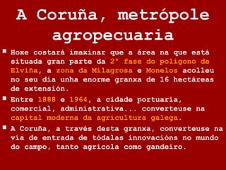 A Coruña, metrópole
agropecuaria
 Hoxe costará imaxinar que a área na que está
situada gran parte da 2ª fase do polígono ...