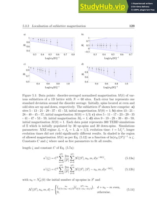 5.3.3 Localisation of sublattice magnetisation 129
•
•
•
•
•
•
•
•
•
0.3 0.4 0.5 0.6 0.7 0.8
0.4
0.6
0.8
1
Log@ΣBÈS'ÈD-1
Mt •
•
•
•
•
•
•
•
•
0.3 0.4 0.5 0.6 0.7
-0.3
0
0.3
0.7
1
Log@ΣBÈS'ÈD-1
Mt
•
•
•
•
•
•
•
•
•
•
0.4 0.6 0.8 1.0
0.5
0.7
0.9
1
Log@ΣBÈS'ÈD-1
Mt •
•
•
•
•
•
•
•
•
•
0.4 0.6 0.8 1.0
0.4
0.6
0.8
1
Log@ΣBÈS'ÈD-1
Mt
aL bL
cL dL
Figure 5.1: Data points: disorder-averaged normalised magnetisation M(t) of var-
ious sublattices of a 1D lattice with N = 60 sites. Each error bar represents one
standard deviation around the disorder average. Initially, spins located at even and
odd sites are up and down, respectively. The sublattices S′
shown here comprise: a)
sites 5 - 13 - 21 - 29 - 37 - 45 - 53, initial magnetisation M(0) = 1; b) sites 13 - 21 -
28 - 40 - 45 - 57, initial magnetisation M(0) = 1/3; c) sites 5 - 11 - 17 - 23 - 29 - 35
- 41 - 47 - 53 - 59, initial magnetisation M0 = 1; d) sites 9 - 19 - 29 - 39 - 49 - 59,
initial magnetisation M(0) = 1. Each data point represents 300 TEBD simulations
of S which is initially populated by 30 up-spins and 30 down-spins. Simulations
parameters: XXZ regime Jx = Jy = 1, ∆ = 1/2, evolution time: t = 5J−1
x , longer
evolution times did not yield significantly different results. In shaded is the region
of allowed magnetisation M(t) as per Eq. (5.12) as a function of ln(σB/|S′
|)−1
∝ ζ.
Constants C and ζ where used as free parameters to fit all results.
length ζ and constant C of Eq. (5.7a):
n↑
(ζ) = C2
|S′|
X
m=0
2m
|S′|
|S′|
X
d=0
N(|S′
|, n0, m, d)e−2d/ζ
, (5.13a)
n↓
(ζ) = C2
|S′|
X
m=0
2m
|S′|
|S′|
X
d=0
N(|S′
|, |S′
| − n0, m, d)e−2d/ζ
, (5.13b)
with n0 = N↑
S′ (0) the initial number of up-spins in S′
and
N(|S′
|, n0, m, d) =
(
n0
d/2+(n0−m)/2
 |S′|−n0
d/2−(n0−m)/2

, d + n0 − m even,
0, otherwise.
(5.14)
 