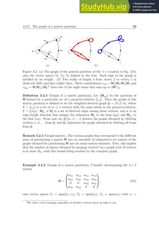 3.2.3 The graph of a matrix partition 43
(a) (b)
Figure 3.2: (a) The graph of the general partition of the 4 × 4 matrix in Eq. (3.6)
onto the vector spaces V1, V2, V3 defined in the text. Each edge in the graph is
labelled by its weight. (b) Two walks of length 4 from vertex 2 to vertex 1 in
thick red (left) and blue (right) lines. Their contributions cred = M13M31M12M2 and
cblue = M1M12 (M2)2
form two of the eight terms that sum up to (M4
)12.
Definition 3.2.3 (Graph of a matrix partition). Let {Mµν} be the partition of
M formed by a particular set of n projector-lattices {εµ}. Then the graph of this
matrix partition is defined to be the weighted directed graph G = (V, E, w), where
V = {vµ} is a set of m ≤ n vertices with the same labels as the projector-lattices,
E = {(νµ) : Mµν 6= 0} is a set of directed edges among these vertices, and w is an
edge-weight function that assigns the submatrix Mµ to the loop (µµ) and Mµν to
the link (νµ). From now on, G{α, β, . . .} denotes the graph obtained by deleting
vertices α, β, . . . from G; and G0 represents the graph obtained by deleting all loops
from G.
Remark 3.2.4 (Graph minors). The various graphs that correspond to the different
ways of partitioning a matrix M into an ensemble of submatrices are minors of the
graph obtained by partitioning M into its usual matrix elements. Note, this implies
that the number of minors obtained by merging vertices2
on a graph with D vertices
is at most BD, with this bound being reached by the complete graph.
Example 3.2.2 (Graph of a matrix partition). Consider decomposing the 4 × 4
matrix
M =




m11 m12 m13 m14
m21 m22 m23 m24
0 0 m33 m34
m41 m42 0 0



 , (3.6)
onto vector spaces V1 = span v1, v2), V2 = span v3), V3 = span v4) with v1 =
2
We allow vertex merging regardless of whether vertices share an edge or not.
 