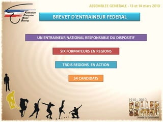 BREVET D’ENTRAINEUR FEDERALUN ENTRAINEUR NATIONAL RESPONSABLE DU DISPOSITIFSIX FORMATEURS EN REGIONSTROIS REGIONS  EN ACTION34 CANDIDATS
