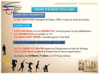 COUPE D’EUROPE DES CLUBSLIGUE DES CHAMPIONS Le H.C QUEVERT champion de France 2008, n’a pas pu sortir des poules. COUPE CERSL’US COUTRAS et le SA MERIGNAC n’ont pu passer le tour préliminaire, LA VENDEENNE est tombée en 1/8eLe SCRA SAINT OMER a résisté jusqu’en ¼ de final.COUPE D’EUROPE FEMININE DES CLUBSLe C.S. NOISY LE GRAND contre les Championnes en titre de VoltregaL’U.S. COUTRAS accède à la Finale Four (Coutras organisateur) et arrache une brillante 3e place. Le CS Noisy échoue.