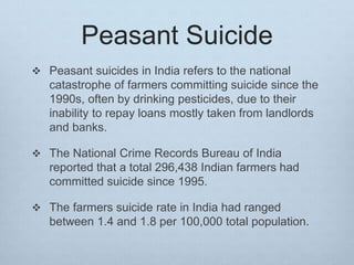 Peasant Suicide
 Peasant suicides in India refers to the national
catastrophe of farmers committing suicide since the
1990s, often by drinking pesticides, due to their
inability to repay loans mostly taken from landlords
and banks.
 The National Crime Records Bureau of India
reported that a total 296,438 Indian farmers had
committed suicide since 1995.
 The farmers suicide rate in India had ranged
between 1.4 and 1.8 per 100,000 total population.
 