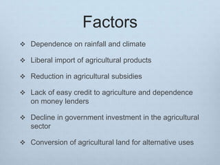 Factors
 Dependence on rainfall and climate
 Liberal import of agricultural products
 Reduction in agricultural subsidies
 Lack of easy credit to agriculture and dependence
on money lenders
 Decline in government investment in the agricultural
sector
 Conversion of agricultural land for alternative uses
 