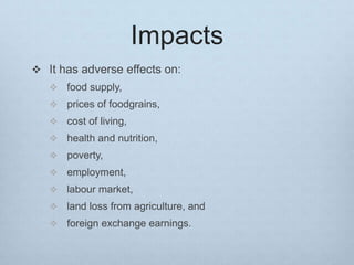 Impacts
 It has adverse effects on:
 food supply,
 prices of foodgrains,
 cost of living,
 health and nutrition,
 poverty,
 employment,
 labour market,
 land loss from agriculture, and
 foreign exchange earnings.
 