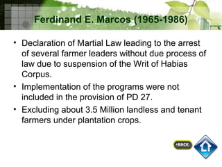 Marcos Program Agrarian land reform program (roxas aquino) | PPT