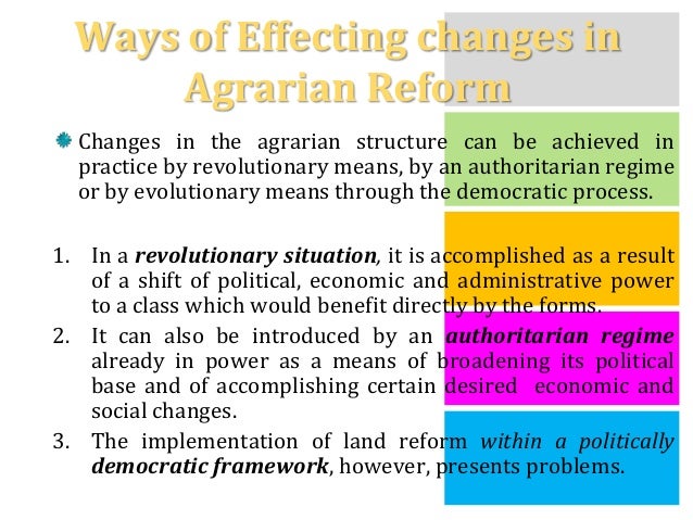 economic aspects of agrarian reform Aspects of agrarian reform• vital position of agriculture in national economy• obstacles to agricultural productivity• agrarian reform is an instrument for increasing agricultural productivity 12. economic aspects of agrarian reform Aspects of agrarian reform• vital position of agriculture in national economy• obstacles to agricultural productivity• agrarian reform is an instrument for increasing agricultural productivity 12.