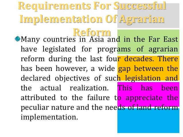 economic aspects of agrarian reform Aspects of agrarian reform• vital position of agriculture in national economy• obstacles to agricultural productivity• agrarian reform is an instrument for increasing agricultural productivity 12. economic aspects of agrarian reform Aspects of agrarian reform• vital position of agriculture in national economy• obstacles to agricultural productivity• agrarian reform is an instrument for increasing agricultural productivity 12.