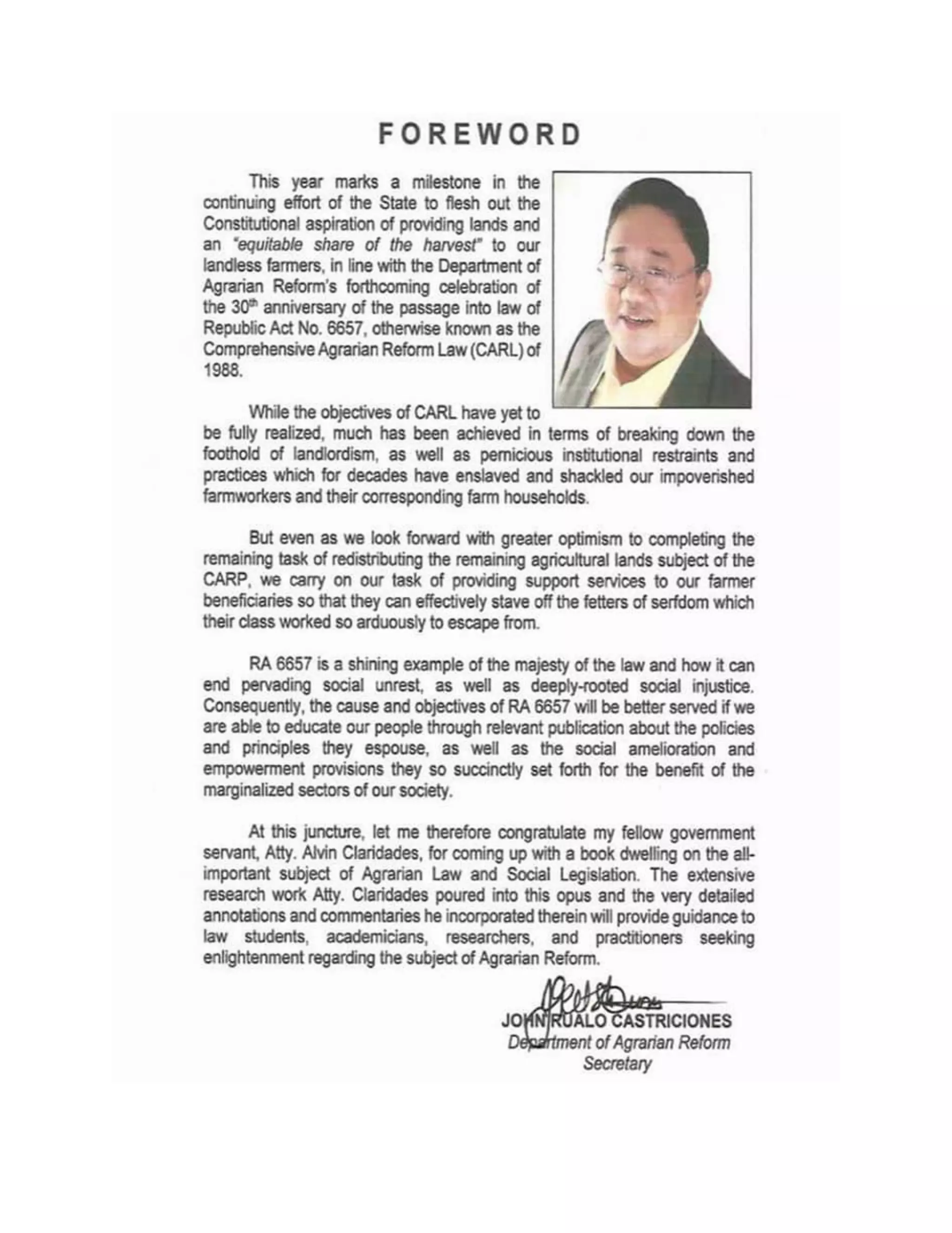 Foreword by DAR Secretary John Castriciones | PDF