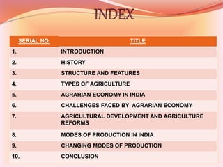 SERIAL NO. TITLE
1. INTRODUCTION
2. HISTORY
3. STRUCTURE AND FEATURES
4. TYPES OF AGRICULTURE
5. AGRARIAN ECONOMY IN INDIA
6. CHALLENGES FACED BY AGRARIAN ECONOMY
7. AGRICULTURAL DEVELOPMENT AND AGRICULTURE
REFORMS
8. MODES OF PRODUCTION IN INDIA
9. CHANGING MODES OF PRODUCTION
10. CONCLUSION
 