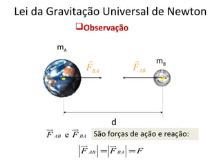 Lei da Gravitação Universal de Newton
Observação
mA

⋅


FBA


FAB

d

⋅

mB

u
u
F AB e F BA São forças de ação e reação:
u
u
F AB = F BA = F

 