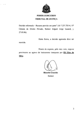 PODER JUDICIÁRIO
                   TRIBUNAL DE JUSTIÇA


Decisão reformada - Recurso provido em parte" (AI 7.237.703-4, 15a
Câmara de Direito Privado, Relator Edgard Jorge Lauand, j .
27.05.06).


                       Desta forma, a decisão agravada deve ser
mantida.


                       Diante do exposto, pelo meu voto, nega-se
provimento ao agravo de instrumento interposto por Eli Elias da
Silva.




                             Ricardo Graccho
                                  Relator




                                                                 3
 
