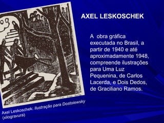 AXEL LESKOSCHEK


                                                  A obra gráfica
                                                  executada no Brasil, a
                                                  partir de 1940 e até
                                                  aproximadamente 1948,
                                                  compreende ilustrações
                                                  para Uma Luz
                                                  Pequenina, de Carlos
                                                  Lacerda, e Dois Dedos,
                                                  de Graciliano Ramos.

                                            sky
                              para Dostoiew
               ek: Ilustração
Axel L eskosch
          ura)
(xilograv
 