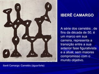IBERÊ CAMARGO


                                        A série dos carretéis , de
                                        fins da década de 50, é
                                        um marco em sua
                                        carreira, representa a
                                        transição entre a sua
                                        anterior fase figurativista
                                        e a atual, sem maiores
                                        compromisso com o
                                        mundo objetivo.
Iberê Camargo: Carretéis (água-forte)
 