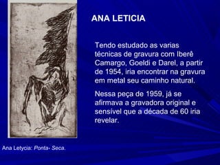 ANA LETICIA


                            Tendo estudado as varias
                            técnicas de gravura com Iberê
                            Camargo, Goeldi e Darel, a partir
                            de 1954, iria encontrar na gravura
                            em metal seu caminho natural.
                            Nessa peça de 1959, já se
                            afirmava a gravadora original e
                            sensível que a década de 60 iria
                            revelar.


Ana Letycia: Ponta- Seca.
 