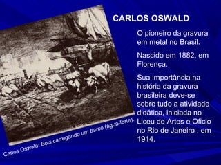 CARLOS OSWALD
                                                                       O pioneiro da gravura
                                                                       em metal no Brasil.
                                                                       Nascido em 1882, em
                                                                       Florença.
                                                                       Sua importância na
                                                                       história da gravura
                                                                       brasileira deve-se
                                                                       sobre tudo a atividade
                                                                       didática, iniciada no
                                                                te).   Liceu de Artes e Oficio
                                                         ua-for
                                                    o (ág
                                           m barc                      no Rio de Janeiro , em
                                  an   do u
                       is c arreg                                      1914.
                  Bo
             ald:
     s   Os w
Carlo
 