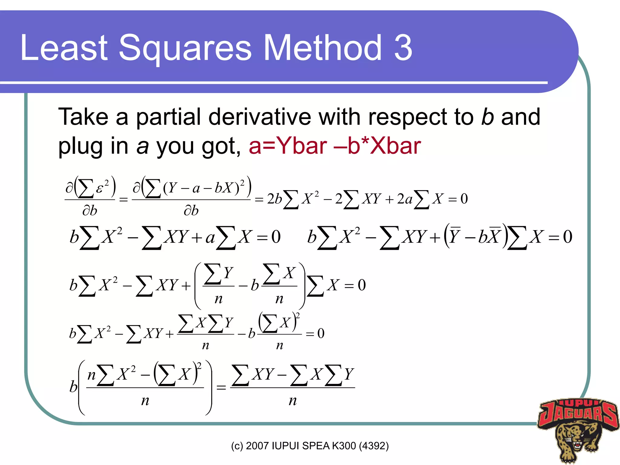 (c) 2007 IUPUI SPEA K300 (4392)
Least Squares Method 3
Take a partial derivative with respect to b and
plug in a you got, a=Ybar –b*Xbar
    0222
)( 2
22






 XaXYXb
b
bXaY
b

02
  XaXYXb   02
  XXbYXYXb
02








  X
n
X
b
n
Y
XYXb
  0
2
2
  n
X
b
n
YX
XYXb
 
n
YXXY
n
XXn
b  








 
22
 