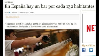Pese a la crisis, más de la
mitad de los españoles va al
bar con frecuencia.
Un 5% va más de una vez al
día y un 36% varia...