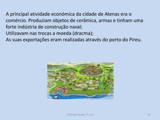 A principal atividade económica da cidade de Atenas era o
comércio. Produziam objetos de cerâmica, armas e tinham uma
forte indústria de construção naval;
Utilizavam nas trocas a moeda (dracma);
As suas exportações eram realizadas através do porto do Pireu.

Civilização grega, 7º ano

10

 