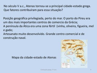 No século V a.c., Atenas tornou-se a principal cidade-estado grega.
Que fatores contribuíram para essa situação?
Posição geográfica privilegiada, perto do mar. O porto do Pireu era
um dos mais importantes centros de comercio da Grécia;
A península da Ática era uma zona fértil (vinha, oliveira, figueira, mel
e gado;
Artesanato muito desenvolvido. Grande centro comercial e de
construção naval.

Mapa da cidade-estado de Atenas

Civilização grega, 7º ano

9

 