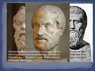 Os gregos destacaram-se em várias ciências exactas, como a matemática, a medicina e anatomia. Muitos nomes tornaram-se conhecidos, tais como Pitágoras (o seu teorema é muito útil em geometria). Tentavam responder a perguntas sobre a origem da terra, a busca da verdade e outros assuntos. A esses pensadores dá-se o nome de filósofos. Sócrates defendeu a importância do reconhecimento da ignorância. Defendia que a verdade podia ser alcançada através do diálogo. PlatãoPlatão ocupou-se com vários temas, entre eles ética, política, metafísica e teoria do conhecimento. Aristóteles é considerado um dos maiores pensadores de todos os tempos e criador do pensamento lógico. 
