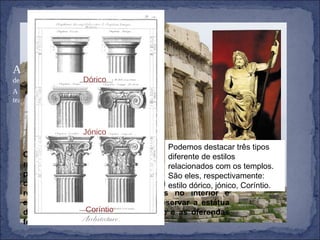 A  arte grega caracteriza-se pelo equilíbrio e harmonia, procurando através de grandes obras de arte aproximarem-se dos deuses que adoravam. A arquitectura era considerada a mais nobre das artes. Muitos foram os templos, estádios e teatros que mostravam o grande poder e sabedoria da Nação. Os templos pretendiam mostrar o poder político e religioso das cidades-estado. Eram construídos, de preferência, no local mais alto da região, também conhecido por acrópole. Normalmente eram rectangulares e utilizavam colunas no interior e exterior. No interior era possivél observar a estátua do Deus a quem pertencia o templo e as oferendas feitas a si . Podemos destacar três tipos diferente de estilos relacionados com os templos. São eles, respectivamente: estilo dórico, jónico, Coríntio. Dórico Jónico Coríntio 