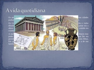Os atenienses que viviam no campo dedicavam-se à agricultura. Os que viviam nas cidades podiam ser artífices, mercadores, podiam ter outros ofícios ou viver dos rendimentos. Os Gregos eram madrugadores. A primeira refeição do dia era composta por pão e vinho diluído em água. A terceira refeição era a mais abundante. Em dias especiais, o jantar era a altura para o homem receber convidados, ver momentos de dança ou musicais. A comida era cozida numa braseira ou num forno. A iluminação era feita com lamparinas a azeite. A mulher vivia da dependência do homem. Ficava sob o poder paterno até casar e depois esse poder passava para o marido. Ela passava quase sempre no espaço da casa que lhe era permitido, o gineceu. Era onde se dedicava ás lides domésticas e á educação dos seus filhos. Em quase todas as casas existia um tear, onde as mulheres teciam a sua roupa e a de sua família. 