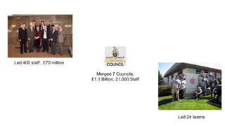 Merged 7 Councils,
£1.1 Billion, 21,000 Staff
Led 400 staff , £70 million
Led 24 teams
 