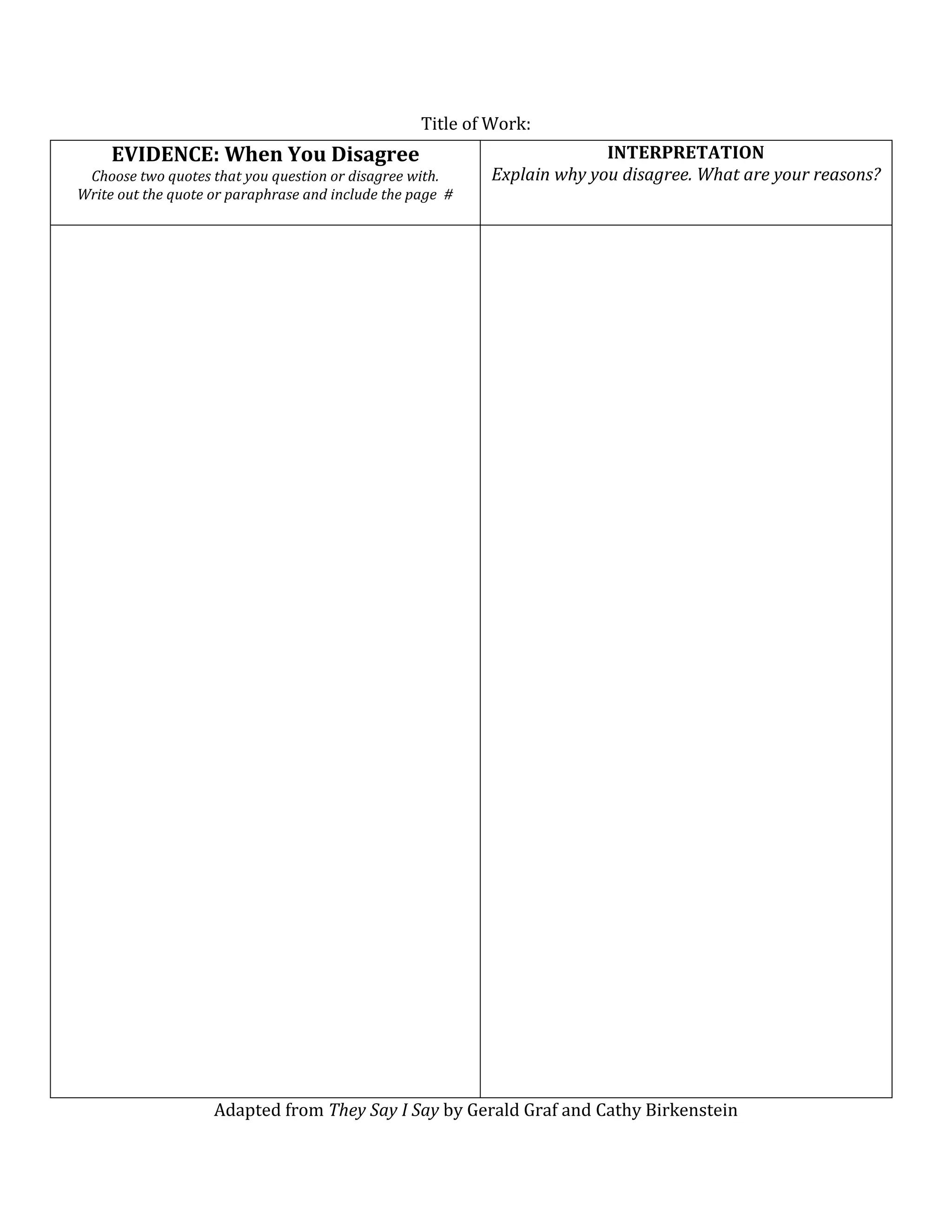 Title of Work:
EVIDENCE: When You Disagree
Choose two quotes that you question or disagree with.
Write out the quote or paraphrase and include the page #
INTERPRETATION
Explain why you disagree. What are your reasons?
Adapted from They Say I Say by Gerald Graf and Cathy Birkenstein