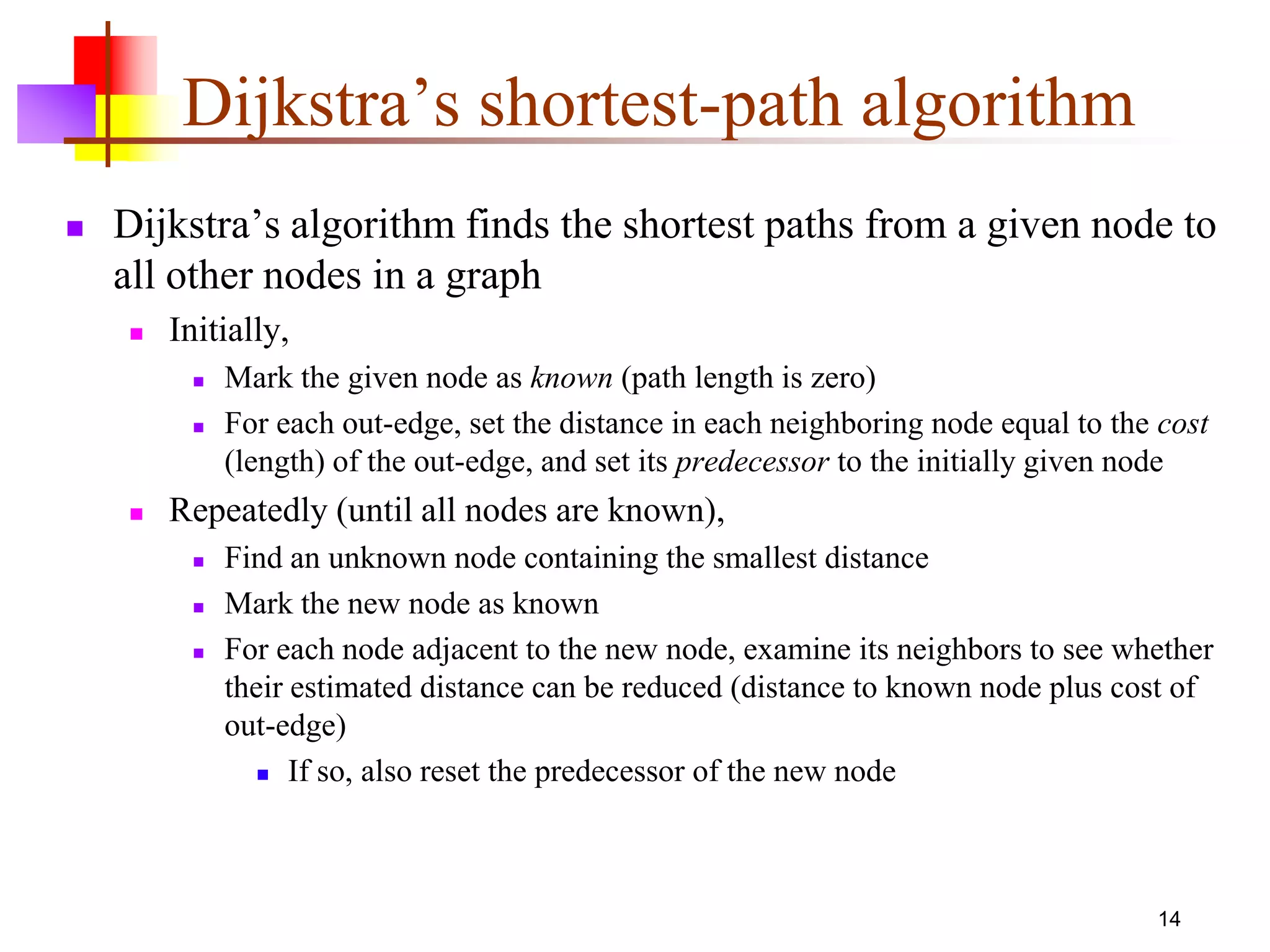 14
Dijkstra’s shortest-path algorithm
 Dijkstra’s algorithm finds the shortest paths from a given node to
all other nodes in a graph
 Initially,
 Mark the given node as known (path length is zero)
 For each out-edge, set the distance in each neighboring node equal to the cost
(length) of the out-edge, and set its predecessor to the initially given node
 Repeatedly (until all nodes are known),
 Find an unknown node containing the smallest distance
 Mark the new node as known
 For each node adjacent to the new node, examine its neighbors to see whether
their estimated distance can be reduced (distance to known node plus cost of
out-edge)
 If so, also reset the predecessor of the new node
 