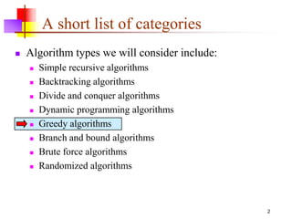 2
A short list of categories
 Algorithm types we will consider include:
 Simple recursive algorithms
 Backtracking algorithms
 Divide and conquer algorithms
 Dynamic programming algorithms
 Greedy algorithms
 Branch and bound algorithms
 Brute force algorithms
 Randomized algorithms
 
