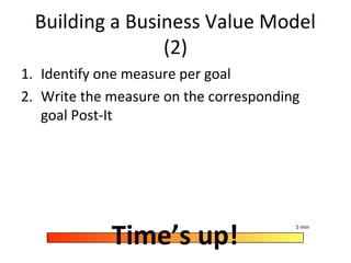 Building a Business Value Model
(2)
1. Identify one measure per goal
2. Write the measure on the corresponding
goal Post-It
Time’s up!
5 min
 