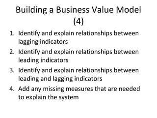 Building a Business Value Model
(4)
1. Identify and explain relationships between
lagging indicators
2. Identify and explain relationships between
leading indicators
3. Identify and explain relationships between
leading and lagging indicators
4. Add any missing measures that are needed
to explain the system
 