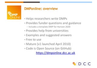• Helps	researchers	write	DMPs
• Provides	funder	questions	and	guidance
• Includes	a	template	DMP	for	Horizon	2020
• Provides	help	from	universities
• Examples	and	suggested	answers
• Free	to	use
• Mature	(v1	launched	April	2010)
• Code	is	Open	Source	(on	GitHub)
https://dmponline.dcc.ac.uk
DMPonline: overview
 