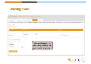 Sharing plans
Allow	colleagues	to	
read-only,	read-write,	
or	become	co-owners
 