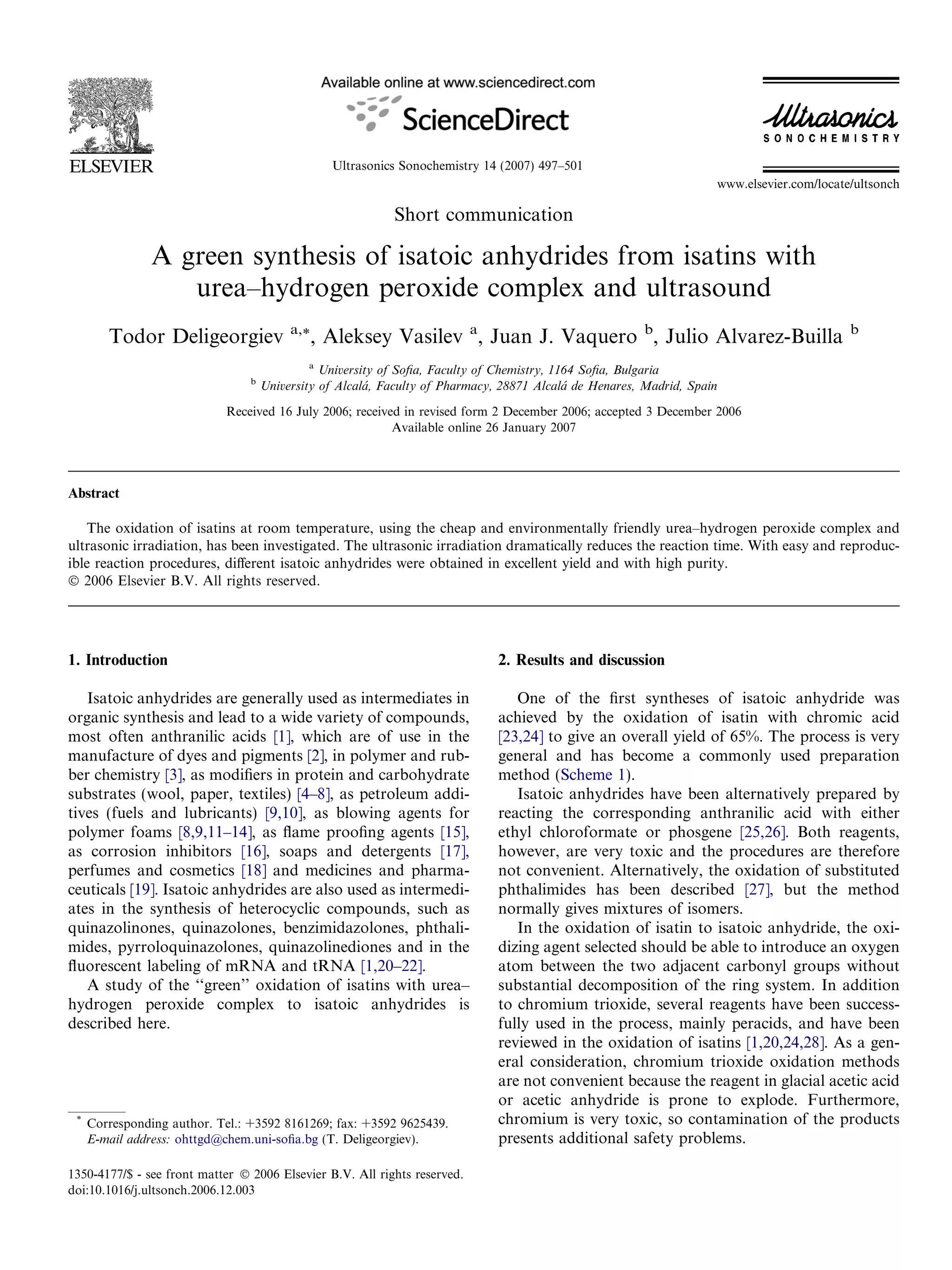 A green synthesis of isatoic anhydrides from isatins with urea–hydrogen ...