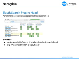 Narzędzia
ElasticSearch Plugin: Head
Pa el o itoro a ia i zarządza ia Elasti Sear h’e
Instalacja:
● elasticsearch/bin/plugin -install mobz/elasticsearch-head
● http://localhost:9200/_plugin/head/
 