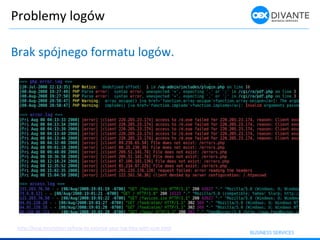 Problemy logów
Brak spójnego formatu logów.
http://blog.tersmitten.nl/how-to-colorize-your-log-files-with-ccze.html
 