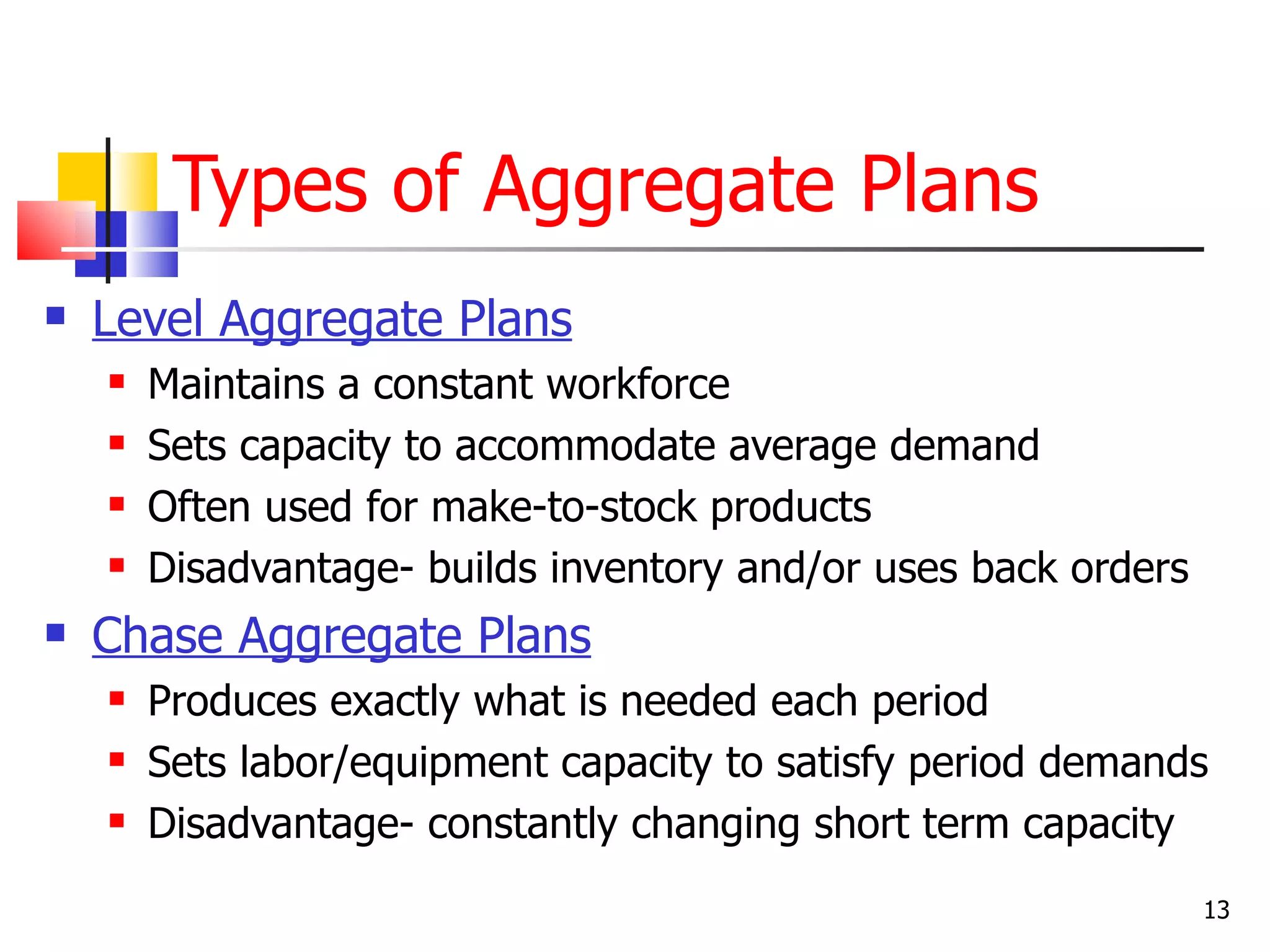 Types of Aggregate Plans
   Level Aggregate Plans
       Maintains a constant workforce
       Sets capacity to accommodate average demand
       Often used for make-to-stock products
       Disadvantage- builds inventory and/or uses back orders
   Chase Aggregate Plans
       Produces exactly what is needed each period
       Sets labor/equipment capacity to satisfy period demands
       Disadvantage- constantly changing short term capacity
                                                                 13
 