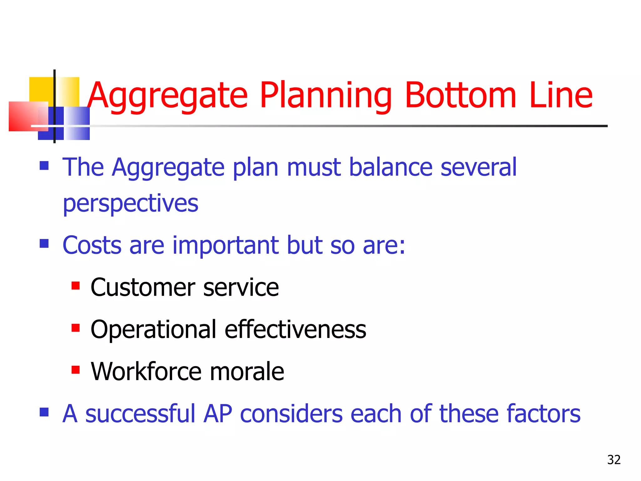 Aggregate Planning Bottom Line
   The Aggregate plan must balance several
    perspectives
   Costs are important but so are:
       Customer service
       Operational effectiveness
       Workforce morale
   A successful AP considers each of these factors
                                                      32
 