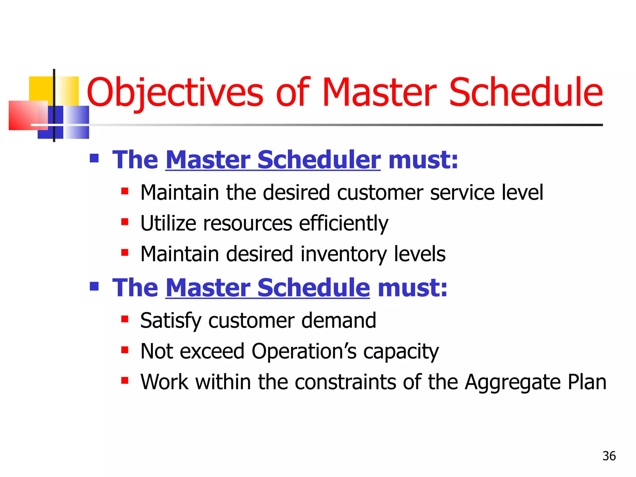 Objectives of Master Schedule
   The Master Scheduler must:
       Maintain the desired customer service level
       Utilize resources efficiently
       Maintain desired inventory levels
   The Master Schedule must:
       Satisfy customer demand
       Not exceed Operation’s capacity
       Work within the constraints of the Aggregate Plan


                                                        36
 