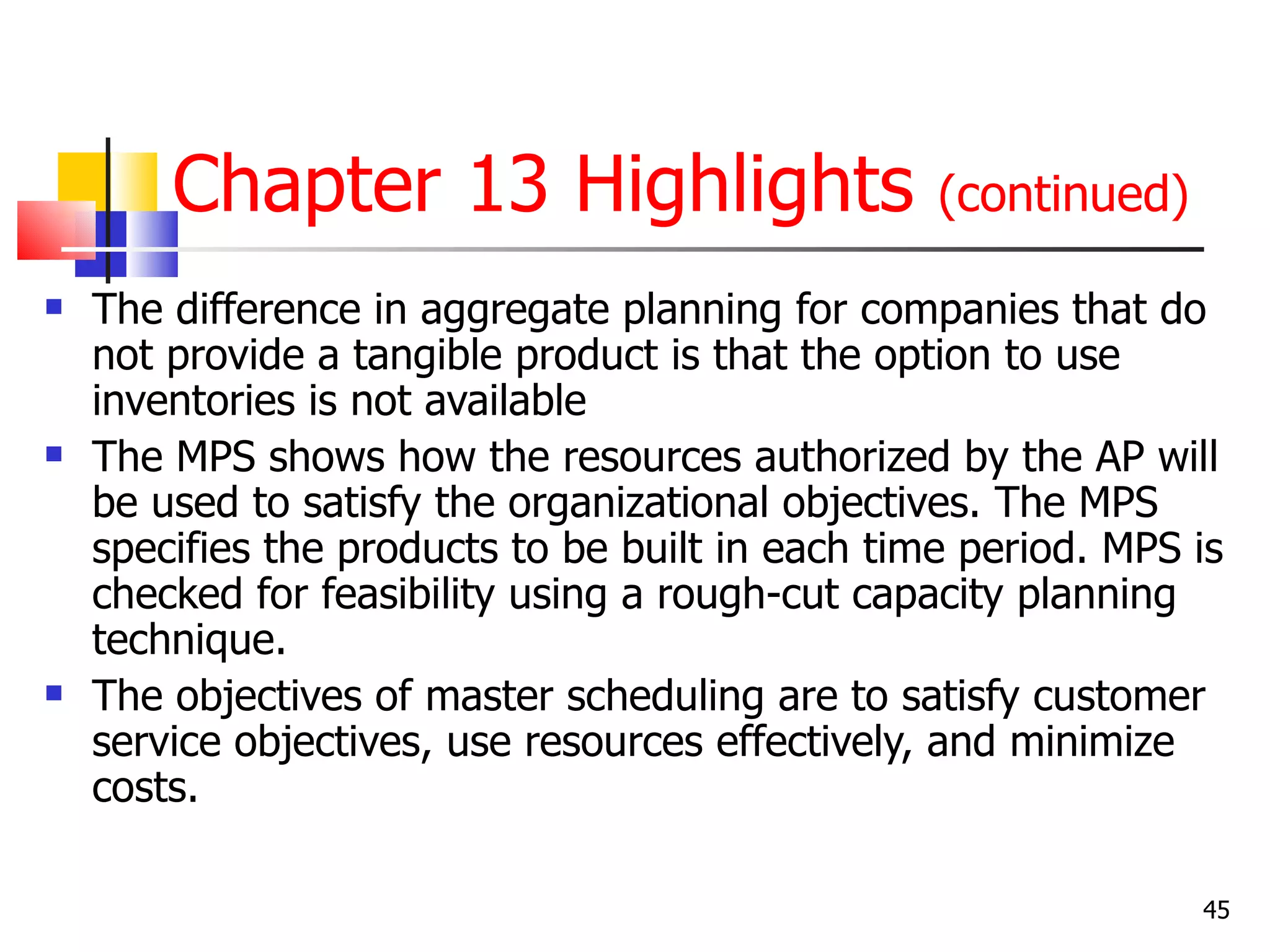 Chapter 13 Highlights                     (continued)

   The difference in aggregate planning for companies that do
    not provide a tangible product is that the option to use
    inventories is not available
   The MPS shows how the resources authorized by the AP will
    be used to satisfy the organizational objectives. The MPS
    specifies the products to be built in each time period. MPS is
    checked for feasibility using a rough-cut capacity planning
    technique.
   The objectives of master scheduling are to satisfy customer
    service objectives, use resources effectively, and minimize
    costs.

                                                                45
 